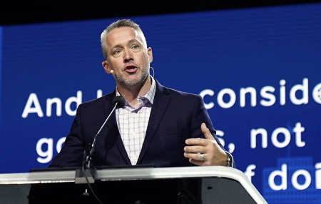 J.D. Greear, then-president of the Southern Baptist Convention, welcomes messengers and guests during the first session of the two-day SBC Annual Meeting at the Music City Center in Nashville, Tennessee, on June 15, 2021.