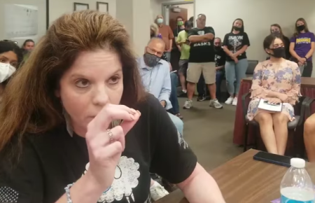 Parent Becky Swan speaks at a school board meeting in Bloomington, Illinois in June 2021.
