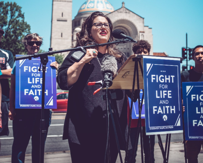Students for Life of America President Kristan Hawkins speaks at her group's Fight for Life & Faith rally outside the Basilica of the Immaculate Conception in Washington, D.C., on June 16, 2021.