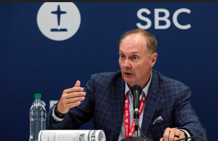 James Merritt, former SBC president and chair of the Committee on Resolutions for the Southern Baptist Convention, answers questions at a press conference on June 16, 2021, after giving a report during the SBC Annual Meeting.