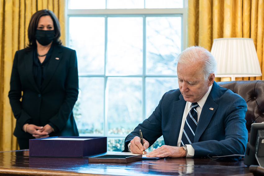 President Joe Biden joined by Vice President Kamala Harris in the Oval Office of the White House in Washington, D.C., on March 11, 2021.