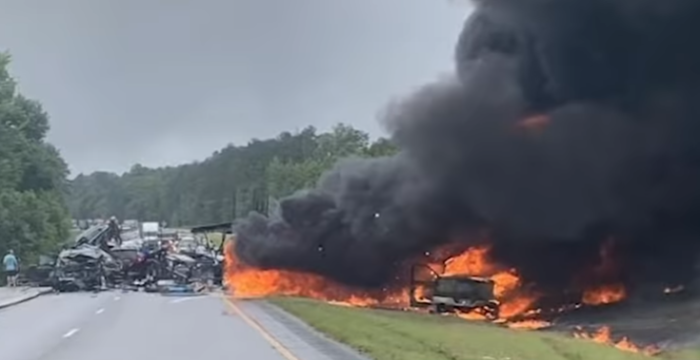 The scene of the fiery crash on Interstate 65 in Butler County, Alabama, on June 19, 2021.