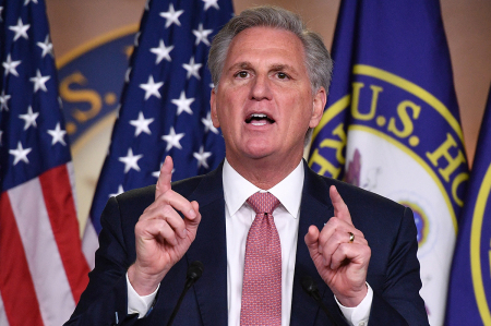 U.S. House Minority Leader, Kevin McCarthy, Republican of California, speaks during his weekly press briefing on Capitol Hill in Washington, D.C., on March 18, 2021.
