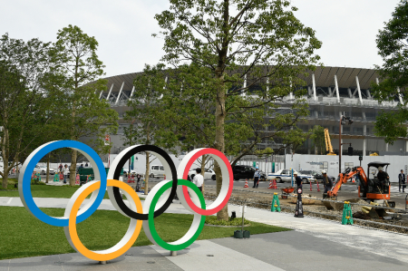 A general view of the new National Stadium prior to a media tour of Tokyo 2020 Olympic venues on July 03, 2019 in Tokyo, Japan.