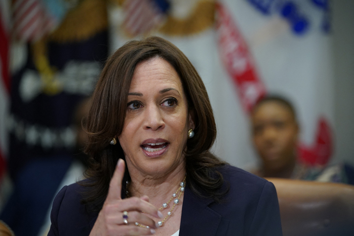 Vice President Kamala Harris speaks during a meeting in the Roosevelt Room of the White House in Washington, D.C., on June 16, 2021. 