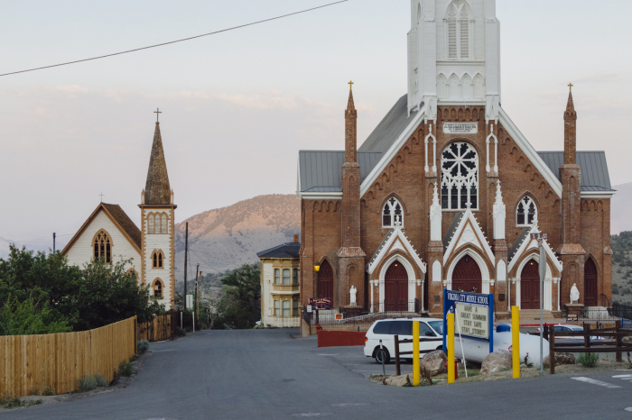 The historic churches of St. Paul the Prospector Episcopal (left) and St. Mary’s-in-the-Mountains Roman Catholic (right) in the old mining town of Virginia City.