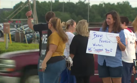 Protesters demonstrate against Houston Methodist Hospital's mandatory vaccine policy during a June 26, 2021 protest.