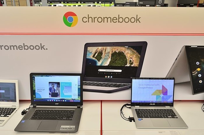 Chromebooks are on display at a Staples store.