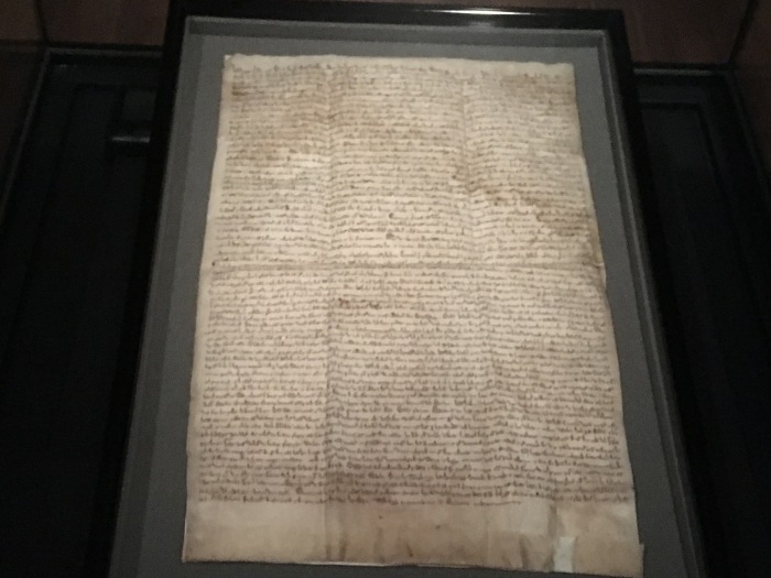 The 1217 Magna Carta as it appears in the 'Magna Carta: Tyranny. Justice. Liberty' exhibit at the Museum of the Bible in Washington, D.C., on July 1, 2021. 