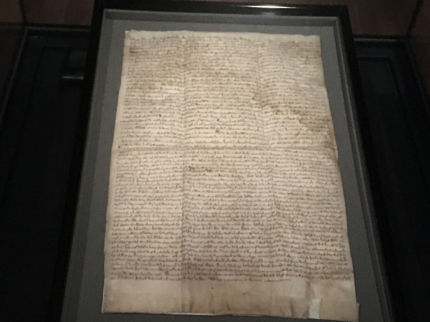 The 1217 Magna Carta as it appears in the "Magna Carta: Tyranny. Justice. Liberty" exhibit at the Museum of the Bible in Washington, D.C., on July 1, 2021.