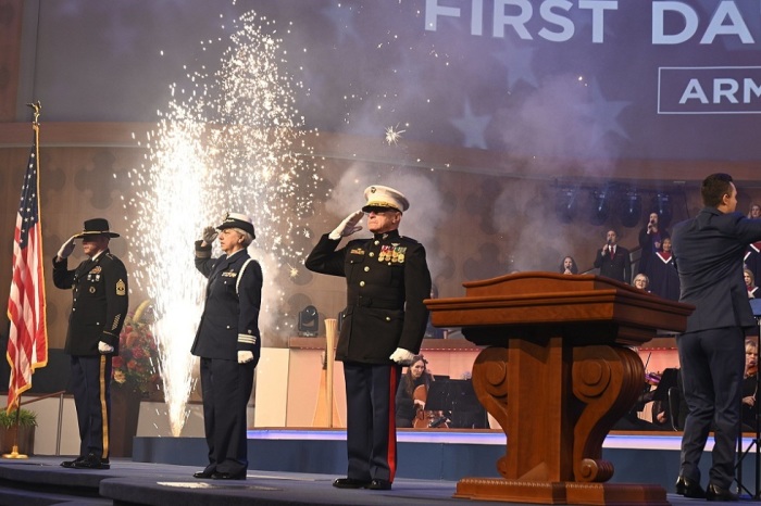 A salute to the armed forces of the United States takes place on 'Freedom Sunday' at First Baptist Dallas in Dallas, Texas on Sunday, June 27, 2021.