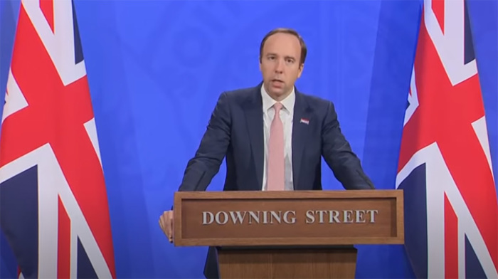 Matt Hancock speaks at a Downing Street press conference on May 27, 2021.