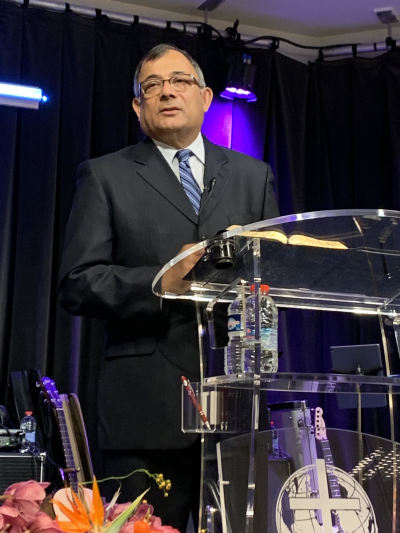 Rev. Sunny Philip, the pastor of Gateway Christian Center Church in Valley Stream, New York, preaches to his congregation.