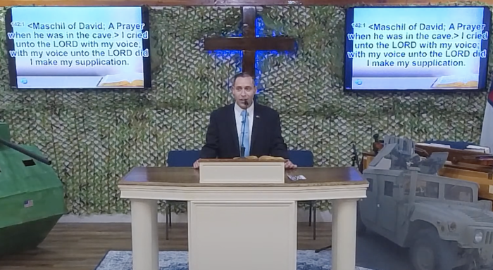 The head pastor of Open-Door Baptist Church in Anchorage, Alaska, Rev. Kenny Menendez, preaches a sermon on Sunday, July 25, 2021, about lessons derived from Psalm 142.