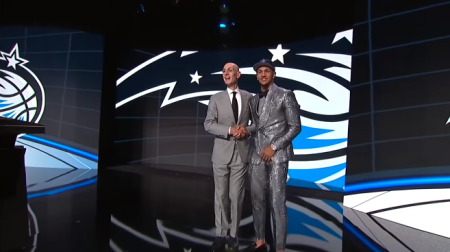 Jalen Suggs poses for photos with NBA Commissioner Adam Silver during the 2021 NBA Draft on July 29, 2021.