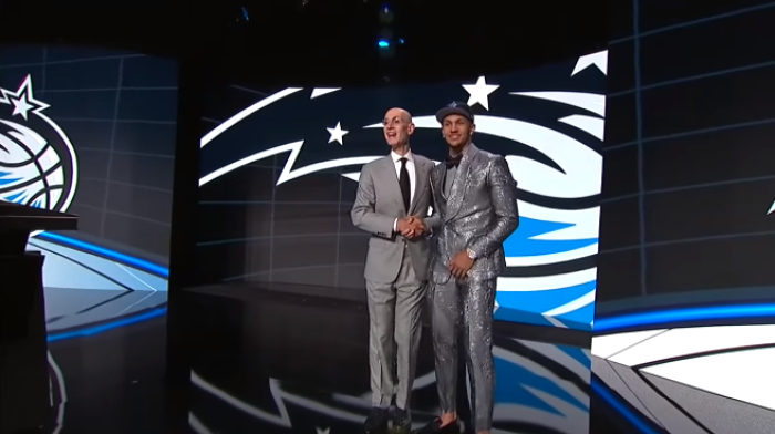 Jalen Suggs poses for photos with NBA Commissioner Adam Silver during the 2021 NBA Draft on July 29, 2021. 