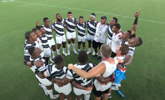 The Fiji men's rugby sevens team breaks out into song after winning a gold medal on July 28, 2021.
