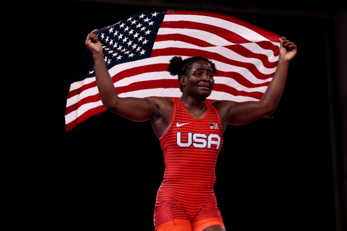 Tamyra Mariama Mensah-Stock of Team USA celebrates defeating Blessing Oborududu of Team Nigeria during the Women's Freestyle 68-kilogram gold medal match on day 11 of the Tokyo 2020 Olympic Games at Makuhari Messe Hall on August 03, 2021 in Chiba, Japan. (Photo by Tom Pennington/Getty Images) 