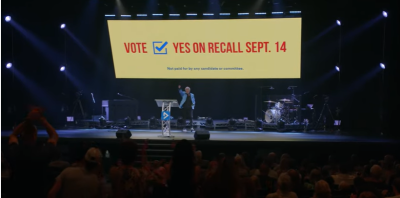 Pastor Greg Fairrington of Destiny Christian Church in Rocklin, California, urges his congregants to vote to remove Gov. Gavin Newsom from office in the upcoming recall election in an Aug. 1, 2021 sermon. 