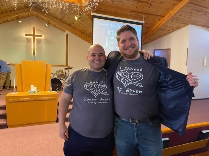 Rev. Jack Coultas (R), the pastor of Park Grove Christian Church in Deepwater, Missouri, poses for a photograph with church member Jeremy Whitman (L). Coultas donated a kidney to Whitman in 2020. 
