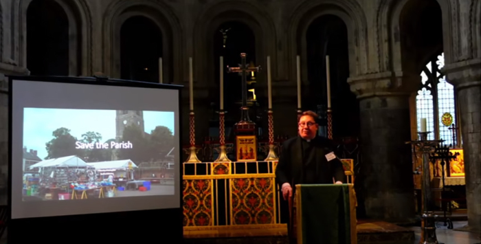 The Rev. Marcus Walker, the rector of St. Bartholomew the Great, Smithfield, speaks at the launch of “Save the Parish” campaign in London, England, on Aug. 3, 2021. 