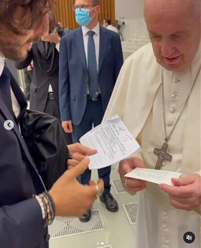 Jonathan Roumie meets Pope Francis at the Vatican in a video posted on Instagram on Aug. 10, 2021. 