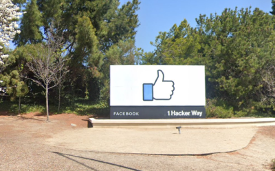The sign outside Facebook's corporate campus in Menlo Park, California.