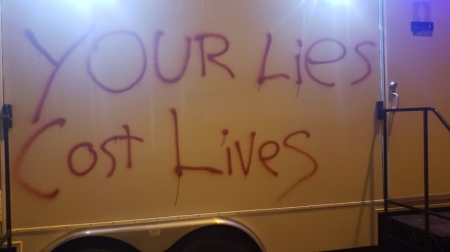 A trailer sits on the property of Pastor Greg Locke's Global Vision Bible Church after being vandalized by an unknown party around on Sunday, Aug. 15, 2021.
