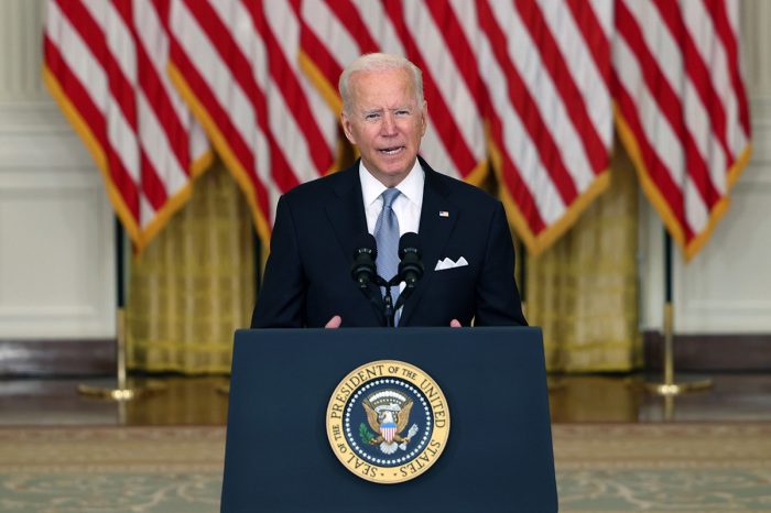 President Joe Biden delivers remarks on the worsening crisis in Afghanistan from the East Room of the White House August 16, 2021, in Washington, D.C. Biden cut his vacation in Camp David short to address the nation as the Taliban have seized control in Afghanistan two weeks before the U.S. is set to complete its troop withdrawal after a costly two-decade war. 