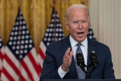 U.S. President Joe Biden responds to questions about the ongoing U.S. military evacuations of U.S. citizens and vulnerable Afghans, in the East Room of the White House in Washington, D.C., on August 20, 2021. Biden said Friday he has not seen America's allies question U.S. credibility over the conduct of its withdrawal from Afghanistan as the Taliban took over the country. 