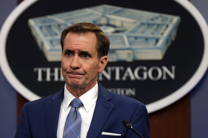 U.S. Department of Defense Press Secretary John Kirby speaks during a news briefing at the Pentagon August 16, 2021, in Arlington, Virginia. Kirby briefed the media on the current situation in Afghanistan as the U.S. pulls out and after the Taliban took control of the capital city of Kabul. 