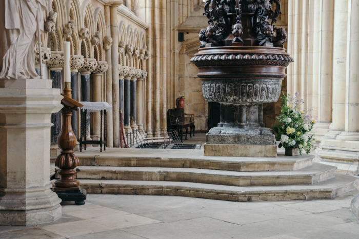 The baptismal font inside Beverley Minster. The parish church rivals many cathedrals in both grandeur and size. 