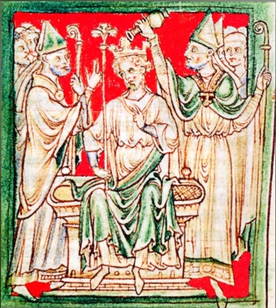 English King Richard I (1157-1199), commonly known as Richard the Lionheart for his extensive military career, being anointed during his coronation at Westminster Abbey. 