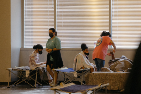 Evacuees of Hurricane Ida take shelter at Lakewood Church in Houston, Texas in August 2021.