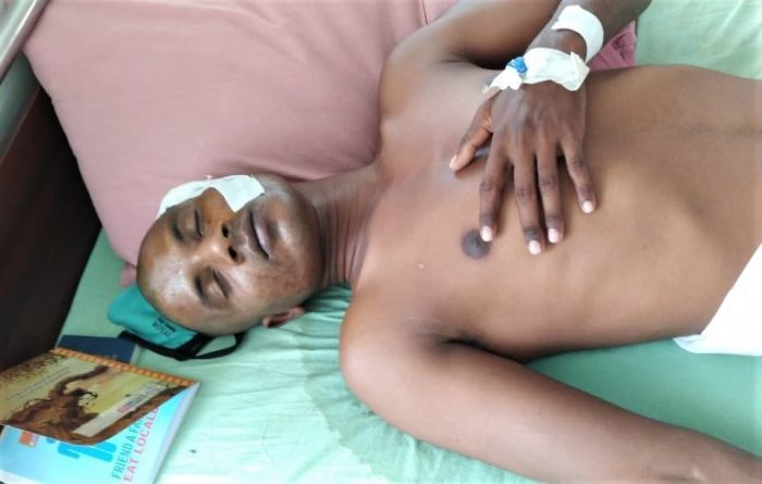 Santosh Kumar, beaten in Kamaraj Nagar, Tamil Nadu, India for his faith.