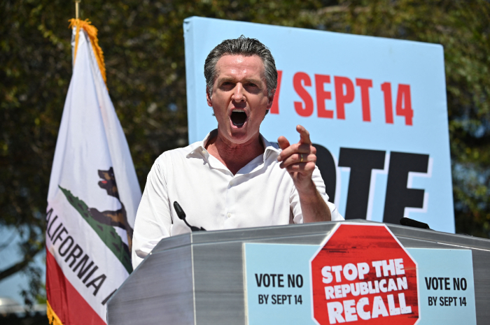 California Gov. Gavin Newsom speaks at a rally on Sept. 4, 2021, at Culver City High School in Culver City, California. 