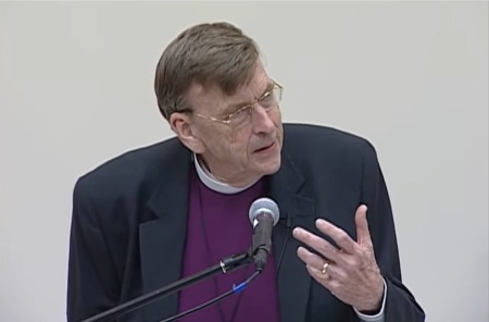 Episcopal Church Bishop John Shelby Spong, a notable progressive theologian and author who garnered controversy for his denial of certain Bible teachings, gives a lecture at the University of Oregon in 2008.