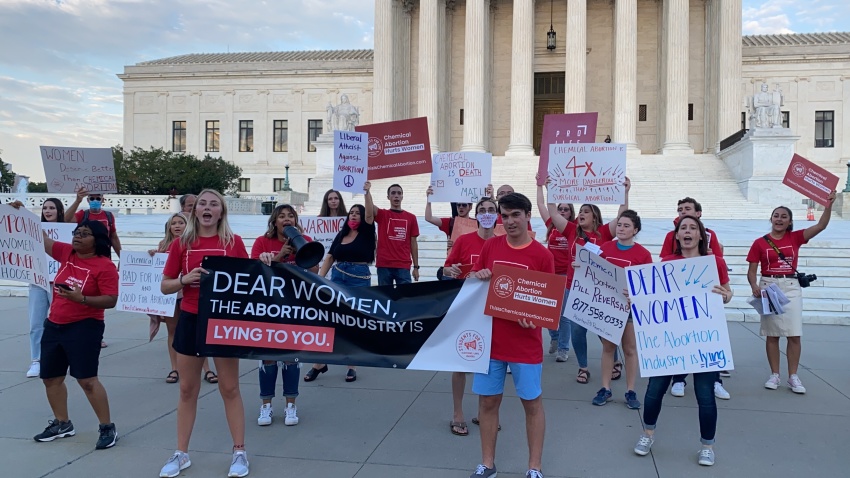 Pro-life activists with Students for Life of America hold a counter-protest outside the U.S. Supreme Court in Washington, D.C., as a pro-abortion group holds a "Self-Managed Abortion Teach-In," Sept. 9, 2021.