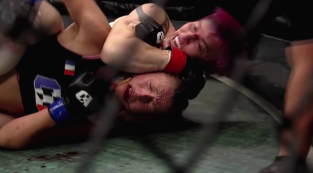 Alana McLaughlin locks opponent Celine Provost in a chokehold during their MMA match on Sept. 10, 2021, in Miami, Florida.