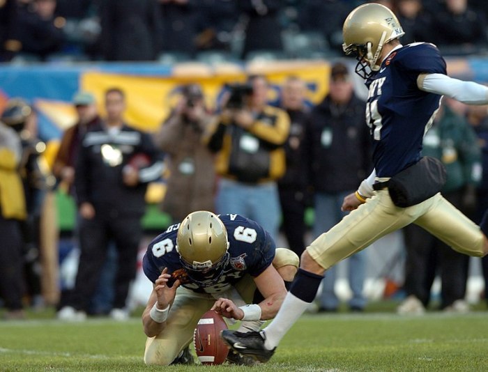 U.S. Naval Academy midshipman Geoff Blumenfeld kicks an extra point after a Navy touchdown during the 105th Army vs. Navy football game at Lincoln Financial Field in Philadelphia, Pennsylvania in December 2004. 