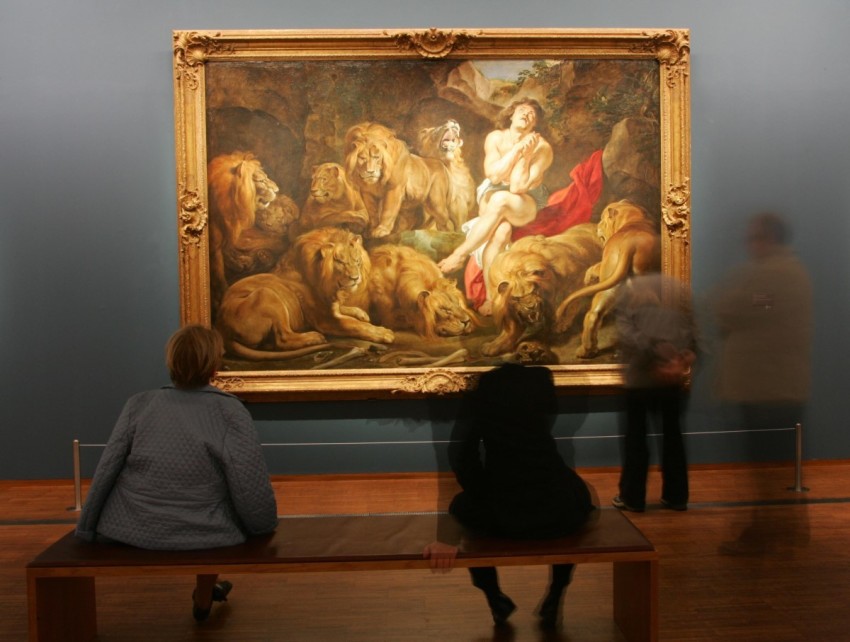 Visitors at the Rubens exhibit at the museum Albertina, central Vienna, Austria, watch the painting
