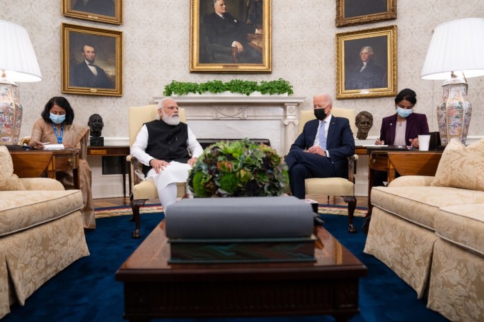 Indian Prime Minister Narendra Modi (L) speaks during a bilateral meeting with U.S. President Joe Biden in the Oval Office of the White House on September 24, 2021 in Washington, DC. President Biden is hosting a Quad Leaders Summit later today with Prime Minister Modi, Australian Prime Minister Scott Morrison and Japanese Prime Minister Suga Yoshihide.