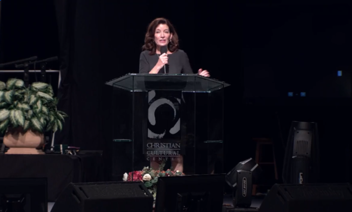 New York Gov. Kathy Hochul speaks at the A.R. Bernard-led Christian Cultural Center in Brooklyn on September 26, 2021.