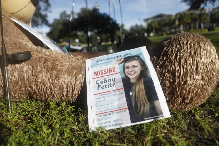 A makeshift memorial dedicated to missing woman Gabby Petito is located near City Hall on September 20, 2021 in North Port, Florida. A body has been found by authorities in Grand Teton National Park in Wyoming that fits the description of Petito, who went missing while on a cross-country trip with her boyfriend Brian Laundrie.