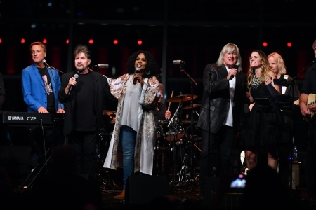 Michael W. Smith, Russ Taff, CeCe Winans, John Schlitt and Rebecca St. James perform on stage during the afterparty for the premiere of "The Jesus Music" in Nashville, Tennessee, on Sept. 27, 2021.