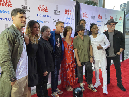 Joel Smallbone, Rebecca St. James, Russ Taff, Michael W. Smith, Amy Grant, TobyMac, Jason Crabb, Michael Tait and Bart Millard attend the red carpet premiere of "The Jesus Music" in Nashville, Tennessee, on Sept. 27, 2021.