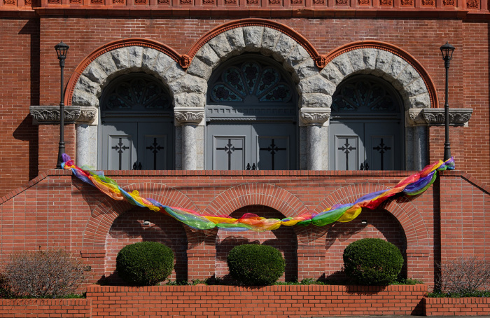 The First United Methodist Church in Little Rock, Arkansas, displays an LGBT rainbow decoration.