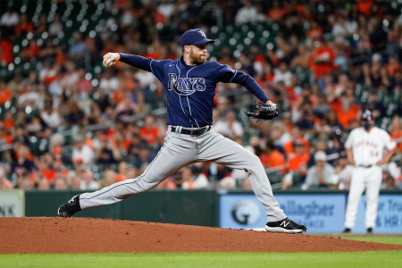 Collin McHugh No. 31 of the Tampa Bay Rays pitches in the first inning against the Houston Astros at Minute Maid Park on September 30, 2021, in Houston, Texas.