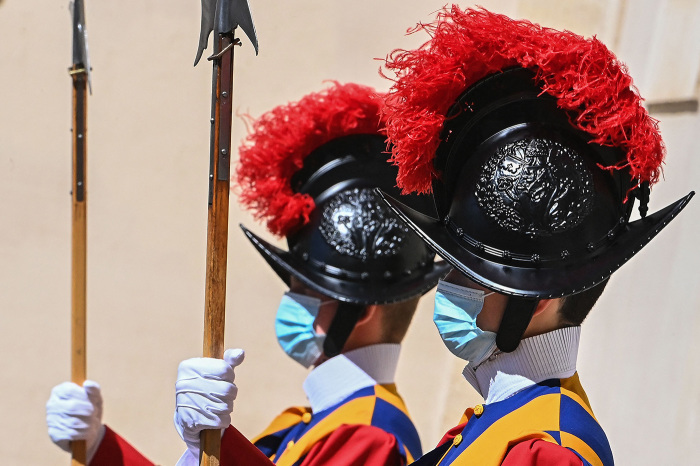 Swiss Guards take their position prior to the arrival of the European Commission President at San Damaso courtyard on May 22, 2021, in The Vatican for a private audience with Pope Francis. 