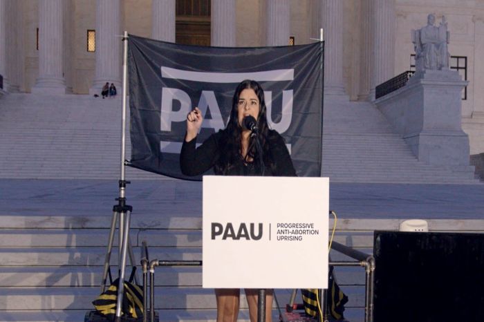 Terrisa Bukovinac, the founder of the Progressive Anti-Abortion Uprising, speaks outside the United States Supreme Court to announce the launch of her new organization, Oct. 1, 2021.